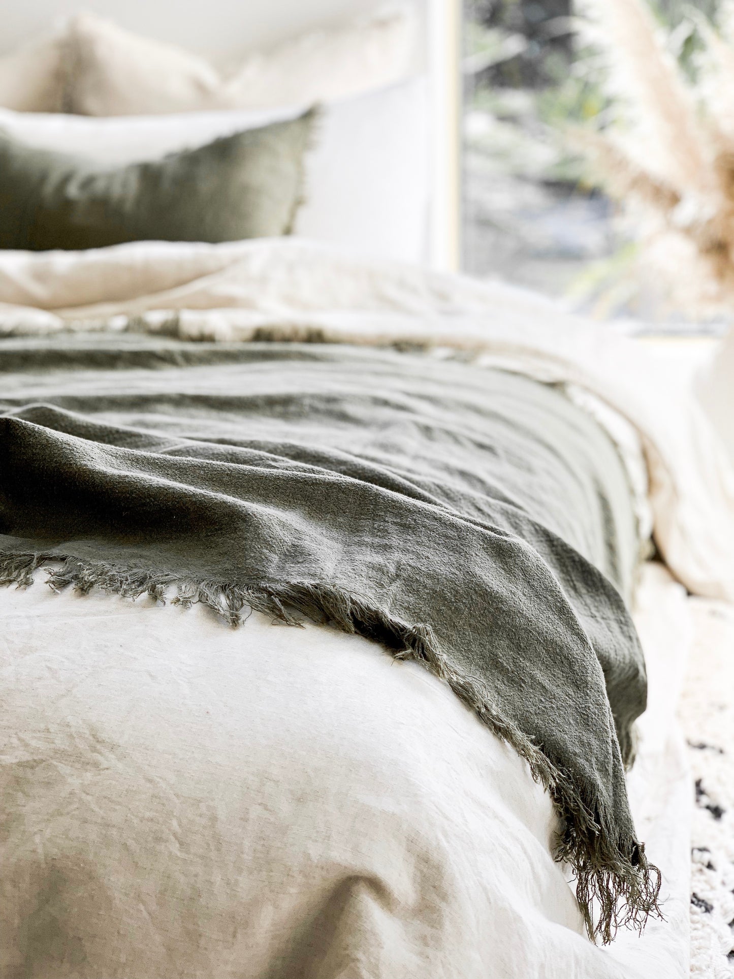 Ramie Fringed Throw - Olive