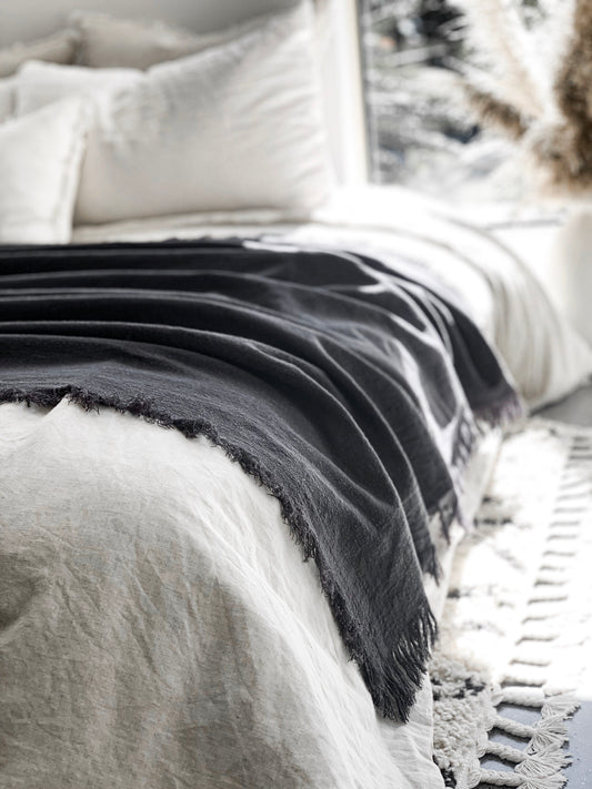 Ramie Fringed Throw - Charcoal