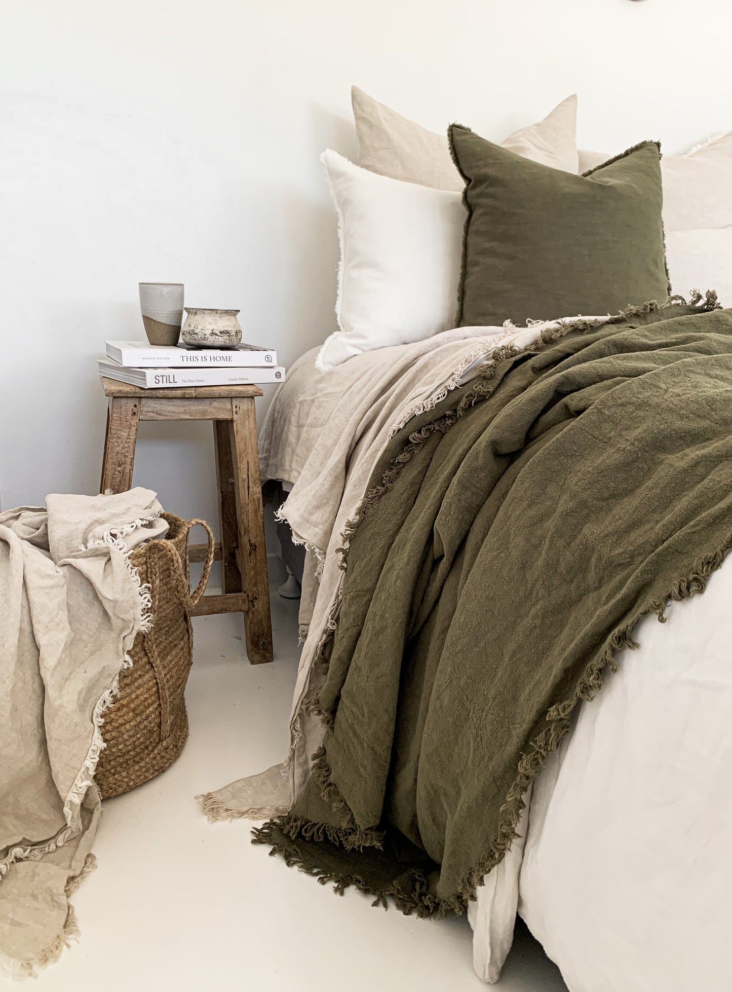 Ramie Fringed Throw - Olive