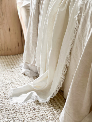RAMIE FRINGED THROW BLANKET - CHALK/WHITE. Made from 100% ramie & hand-finished with a soft, fringed border for a relaxed look & feel. The extra-long design drapes generously over either side of your bed, creating a cozy, layered look. Available in Queen & King size.