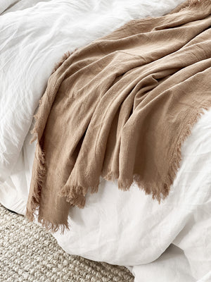 RAMIE FRINGED THROW BLANKET - HUSK / BROWN. Made from 100% ramie & hand-finished with a soft, fringed border for a relaxed look & feel. The extra-long design drapes generously over either side of your bed, creating a cozy, layered look. Available in Queen & King size.