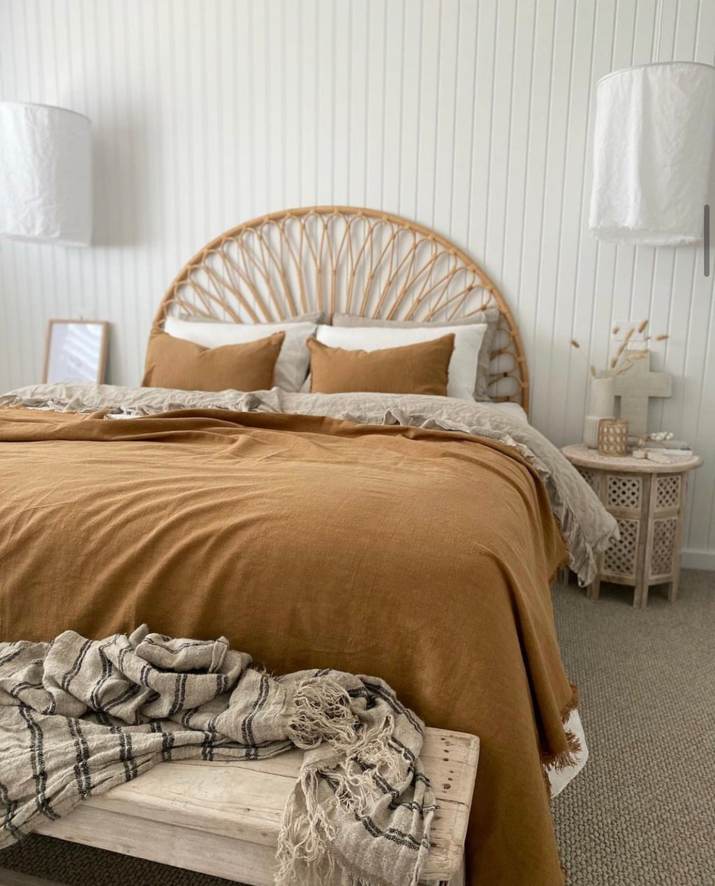 RAMIE FRINGED THROW BLANKET - CINNAMON / BROWN. Made from 100% ramie & hand-finished with a soft, fringed border for a relaxed look & feel. The extra-long design drapes generously over either side of your bed, creating a cozy, layered look. Available in Queen & King size.