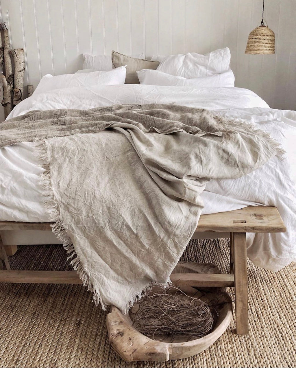 LINEN FRINGED THROW BLANKET - FLAX / NATURAL . Made from 100% linen & hand-finished with a soft, fringed border for a relaxed look & feel. The extra-long design drapes generously over either side of your bed, creating a cozy, layered look. Available in Queen & King size.